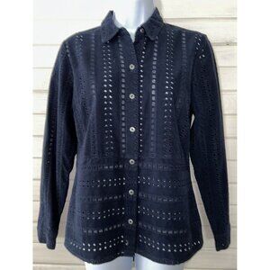 J Jill Corduroy Sz PETITES SMALL PXS Navy Blue Eyelet Lace Button Up Shirt EUC